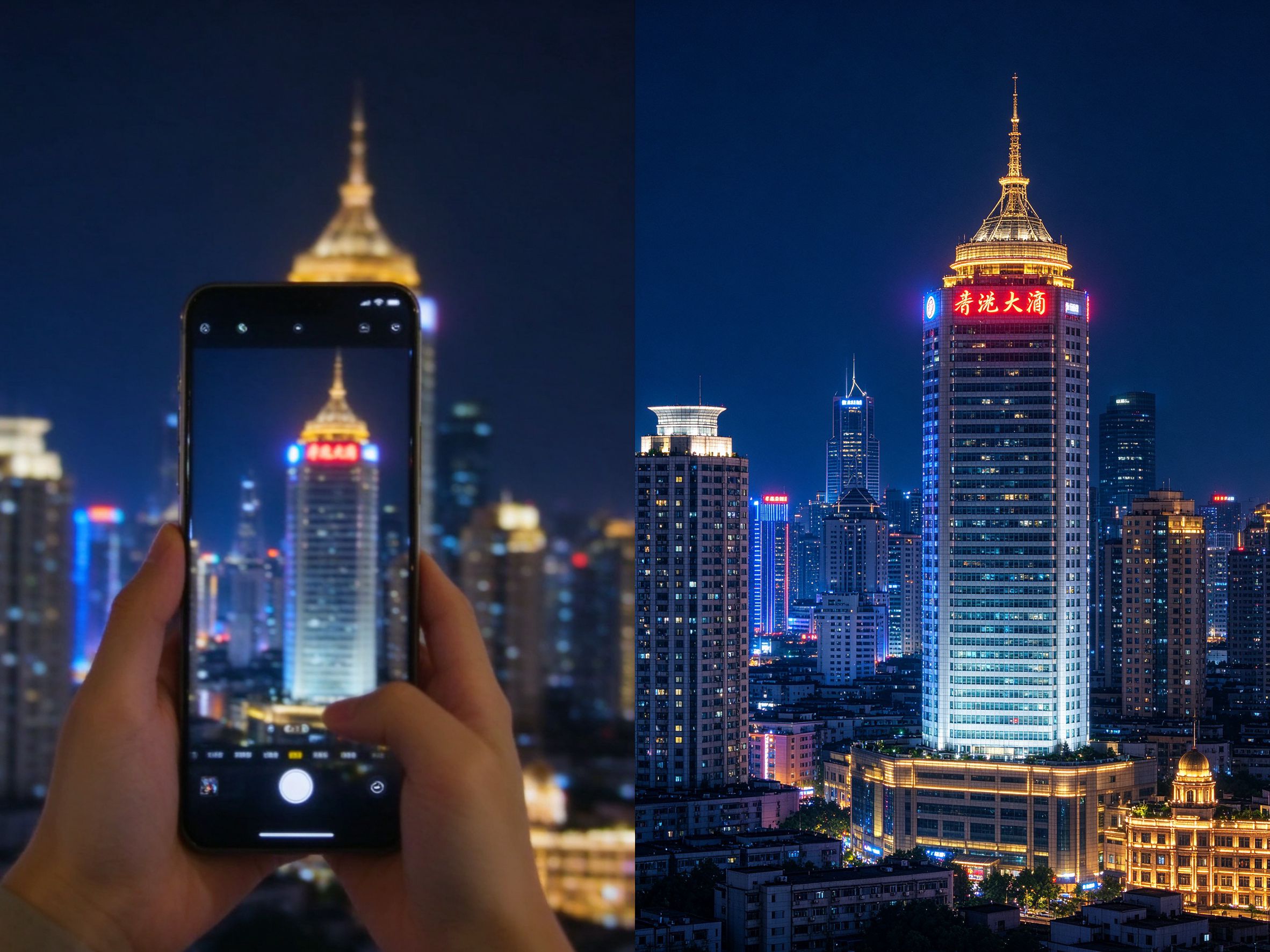 图片变清晰前后对比效果图：模糊夜景照片超分辨率修复后高清锐利，2K/4K/6K放大，照片高清化在线处理