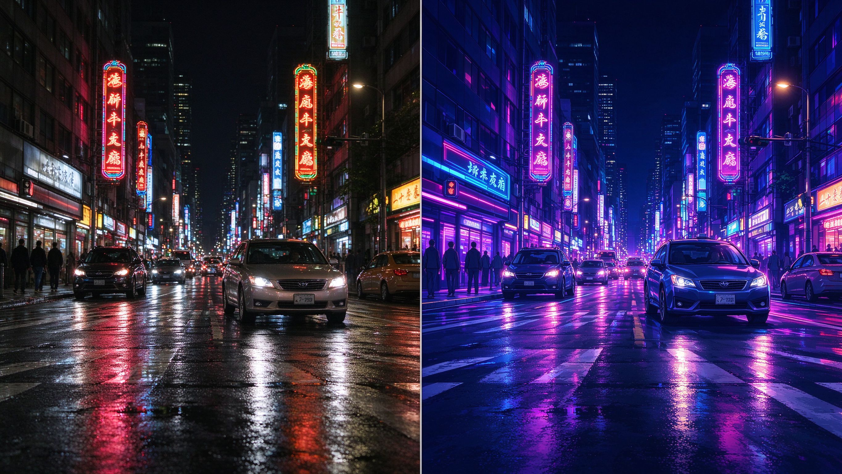 图生图效果示例：上传一张夜景照片AI生成赛博朋克风格插画版本，风格迁移一键出图，在线图生图工具