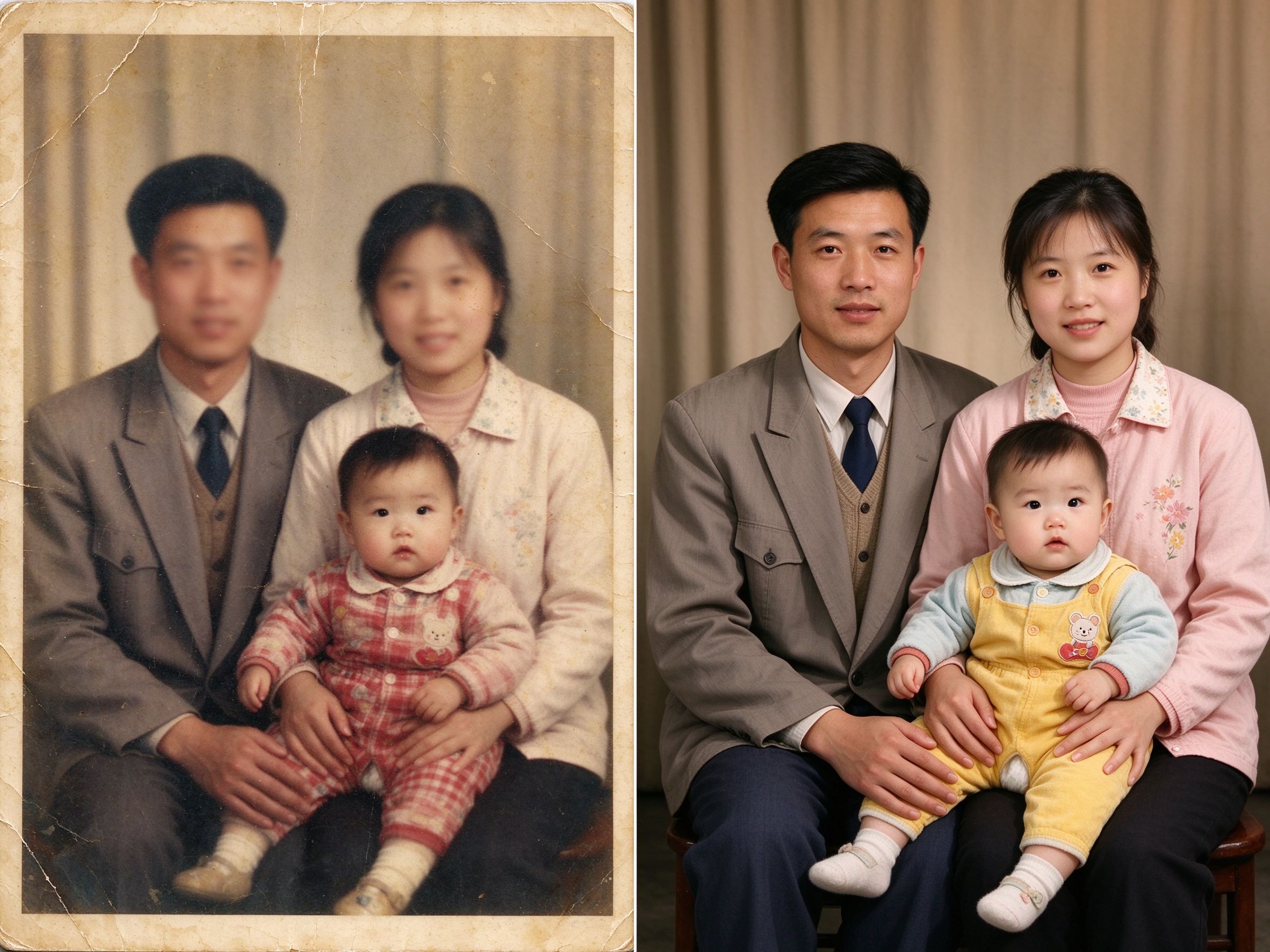 老照片修复前后对比效果图：AI修复泛黄破损老照片，去划痕去折痕，褪色还原恢复自然色彩，老照片翻新在线处理