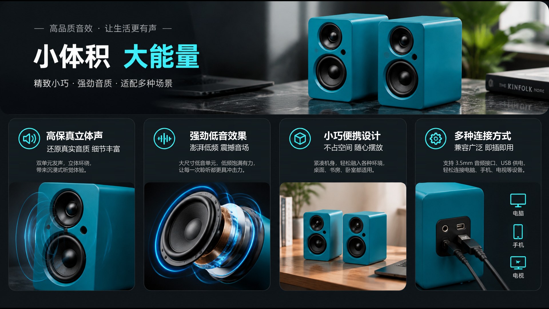 AI商品电商宣传图示例:音箱产品高品质音效宣传长图,小体积大能量、高保真立体声、强劲低音、小巧便携、多种连接方式,商品图生成在线工具