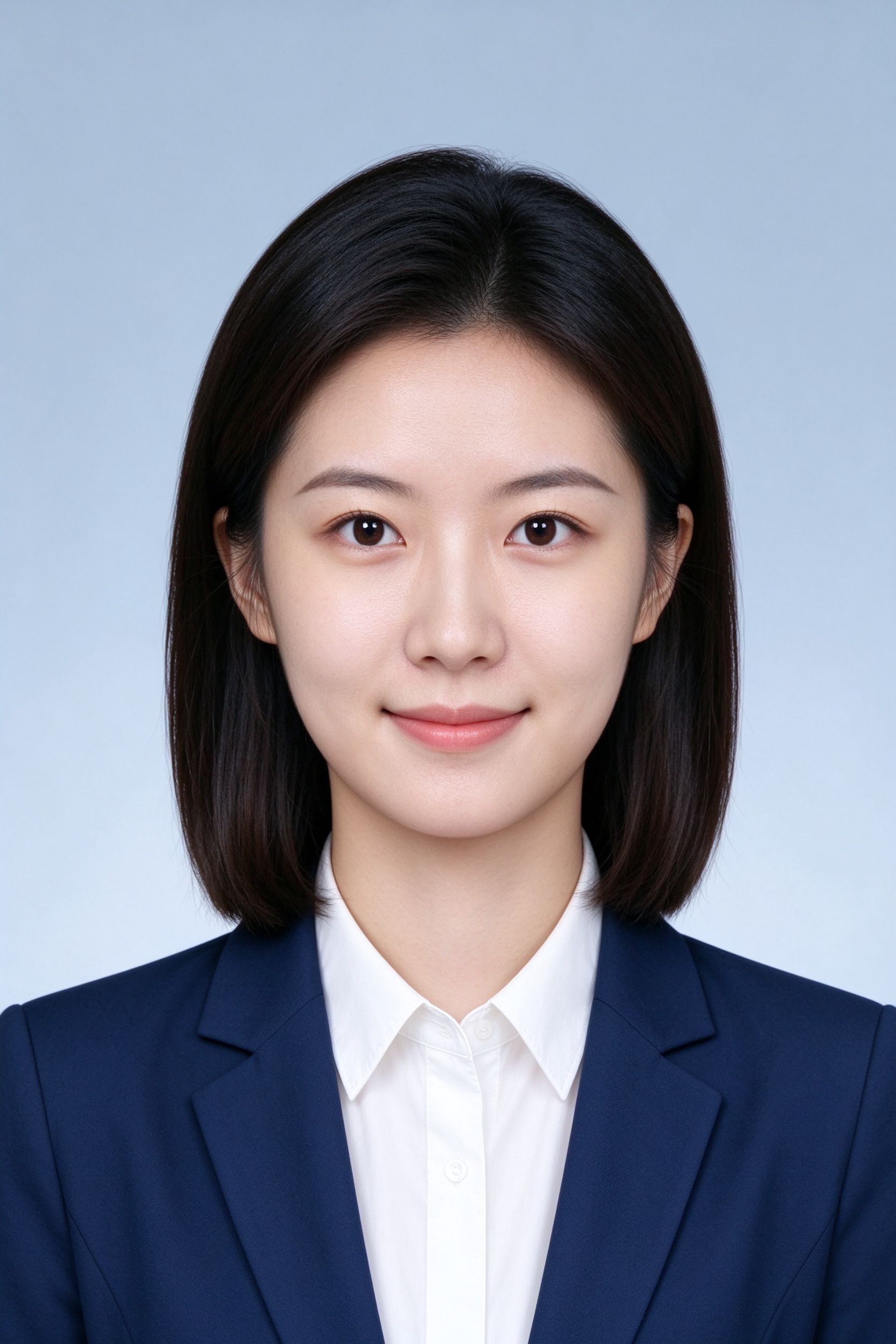 AI证件照示例：年轻女性深蓝西装正装证件照，一寸二寸签证护照多规格，红蓝白底自动更换，在线证件照制作工具